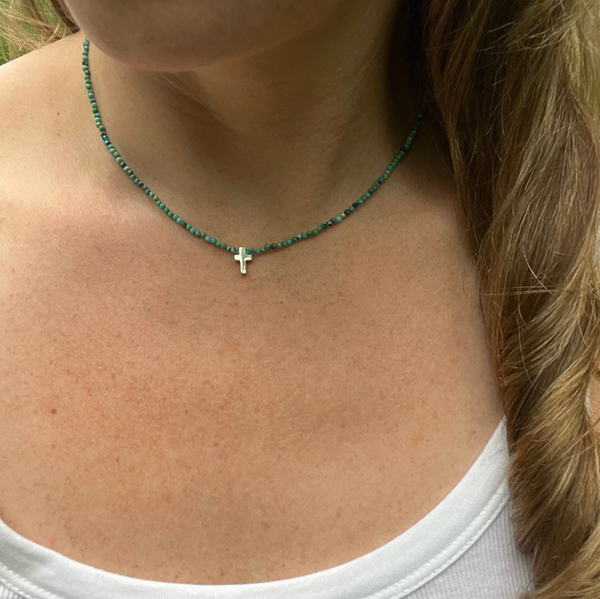 Dainty Turquoise Beaded Cross Necklace, Sterling Silver Charm, Minimalist Everyday Jewelry