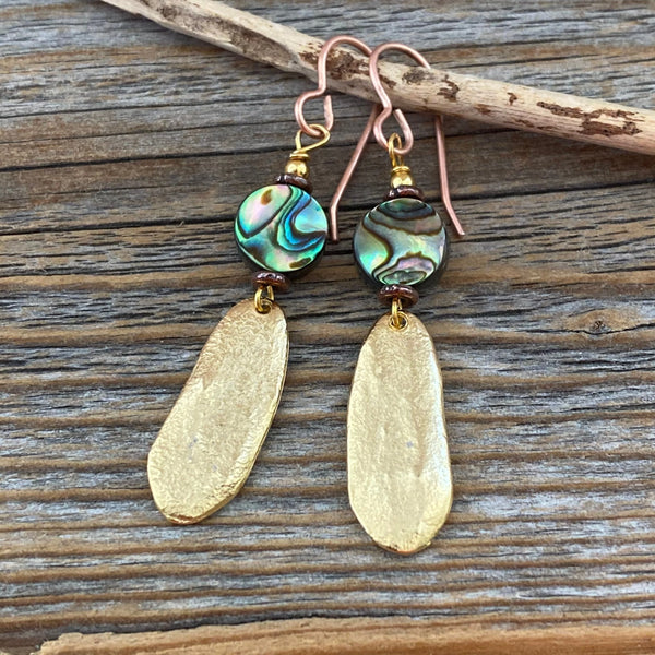 Abalone and Gold Dangle Earrings, Oval Earrings, Unique Abalone Jewelry, Shell Earrings, Beach Earrings, Summer Jewelry, Gifts for Her