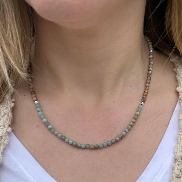 African Opal Beaded Necklace – Sterling Silver, Boho Minimalist Jewelry