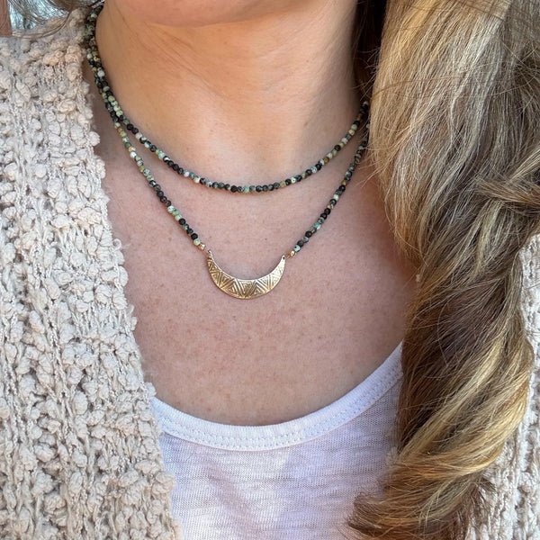 African Turquoise Beaded Choker, Dainty Crescent Moon Necklace, Handmade