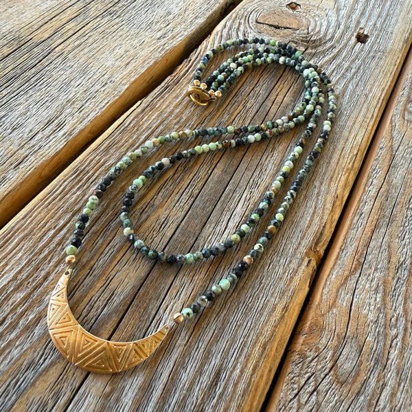 African Turquoise Beaded Choker, Dainty Crescent Moon Necklace, Handmade