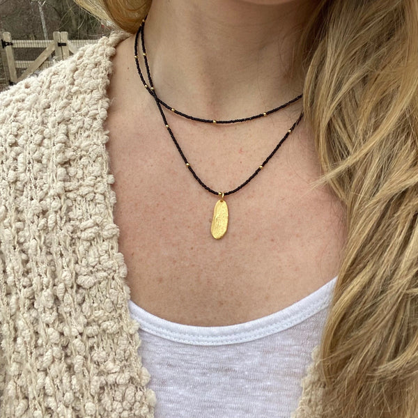 Black Beaded Necklace, Gold Oval Pendant Necklace, Double Strand Bead Necklace, Dainty Black and Gold Necklace, Minimalist Jewelry, Unique