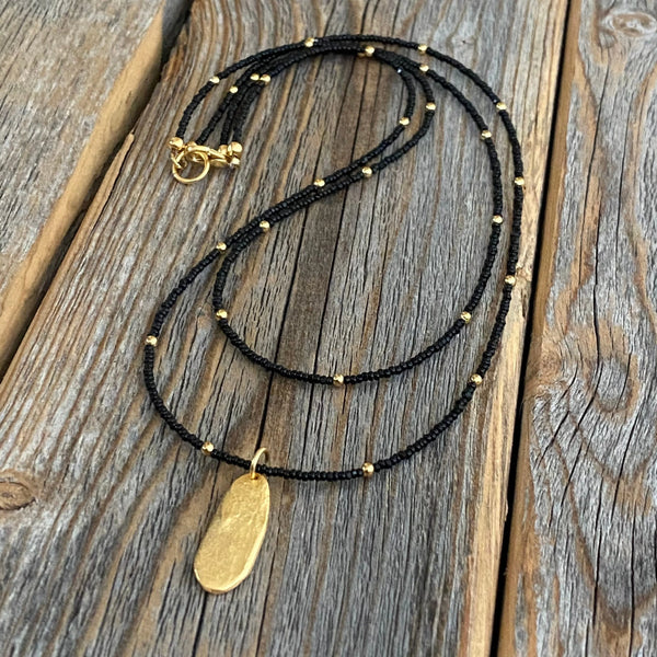 Black Beaded Necklace, Gold Oval Pendant Necklace, Double Strand Bead Necklace, Dainty Black and Gold Necklace, Minimalist Jewelry, Unique