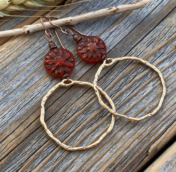 Boho Gold Hoop Dangle Earrings – Red Czech Glass Flower