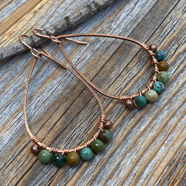 Genuine Turquoise Copper Teardrop Earrings, Wire Wrapped Boho Jewelry