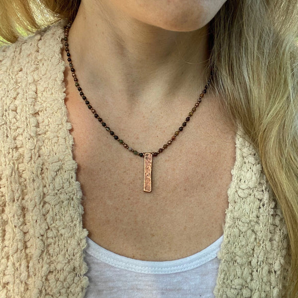 Red Creek Jasper Beaded Necklace, Antiqued Copper Pendant, Handmade