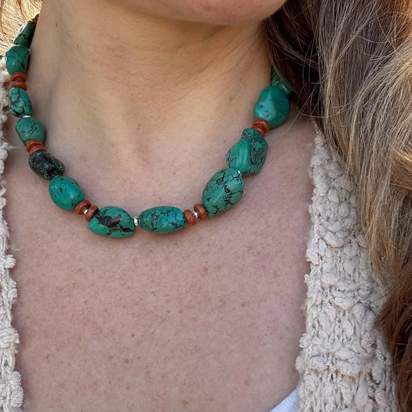 Turquoise Nugget & Jasper Necklace – Sterling Silver Boho Jewelry