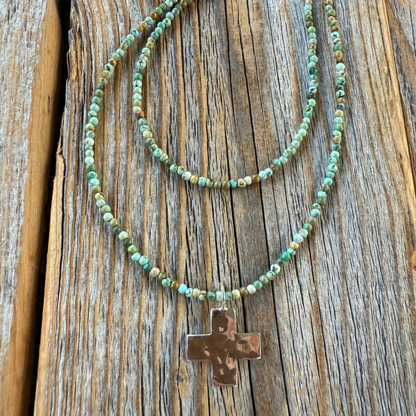 Turquoise Seed Bead Cross Necklace, Hammered Sterling Silver Pendant