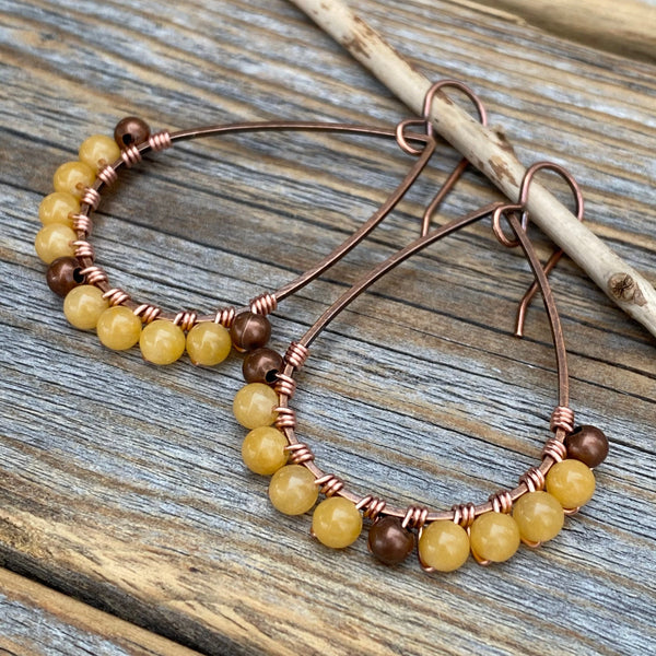 Yellow Jasper Teardrop Hoop Earrings, Copper Wire Wrapped Boho Dangles