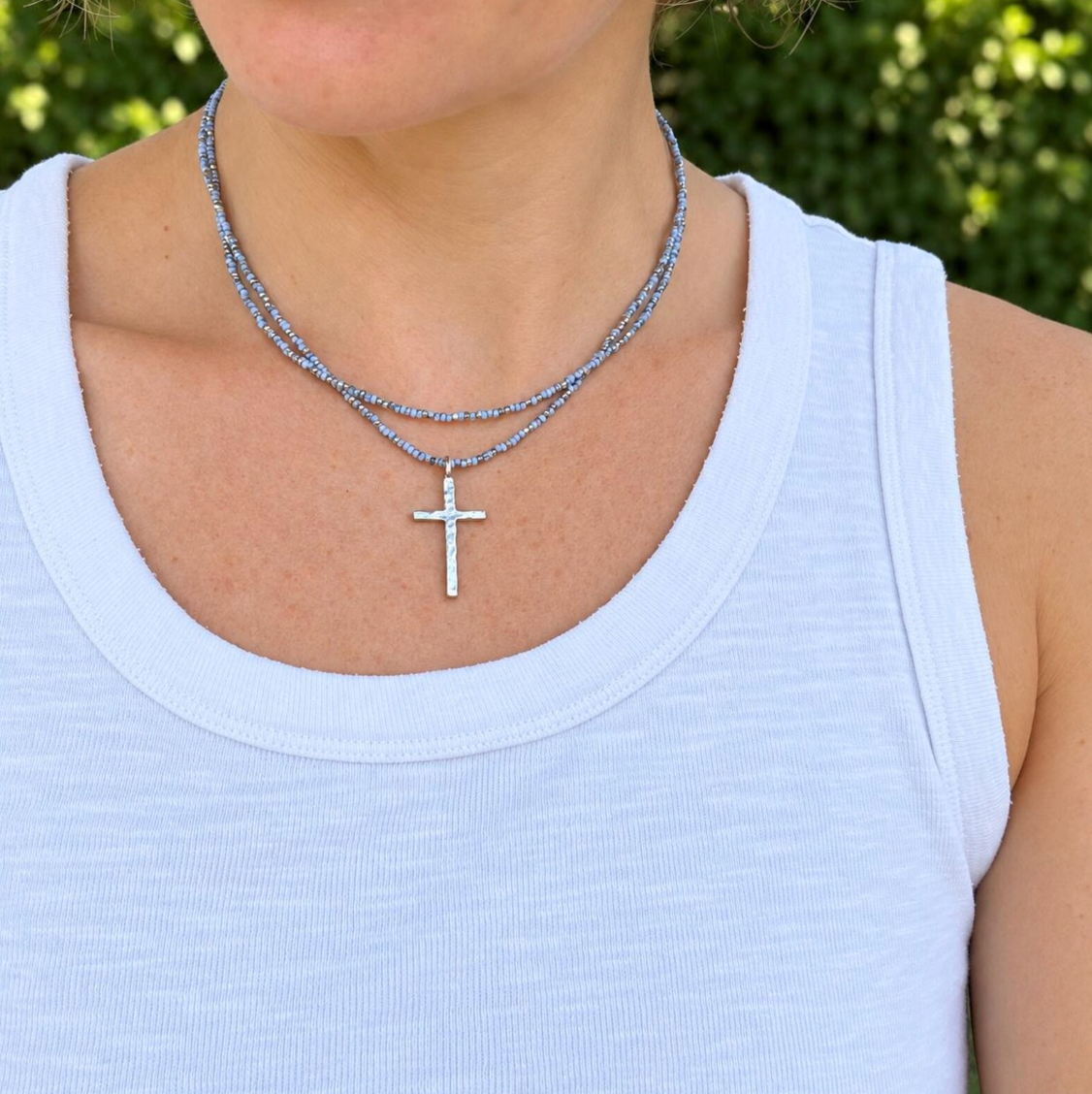 Handmade Blue Czech Glass Beaded Cross Necklace, Sterling Silver Plate Pendant