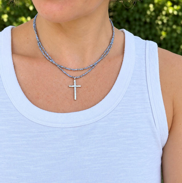 Handmade Blue Czech Glass Beaded Cross Necklace, Sterling Silver Plate Pendant