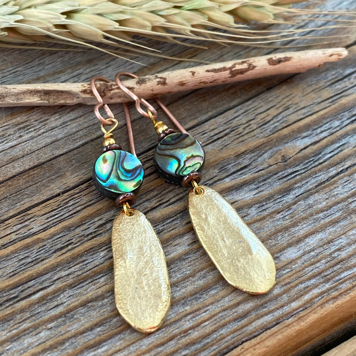 Abalone and Gold Dangle Earrings, Oval Earrings, Unique Abalone Jewelry, Shell Earrings, Beach Earrings, Summer Jewelry, Gifts for Her