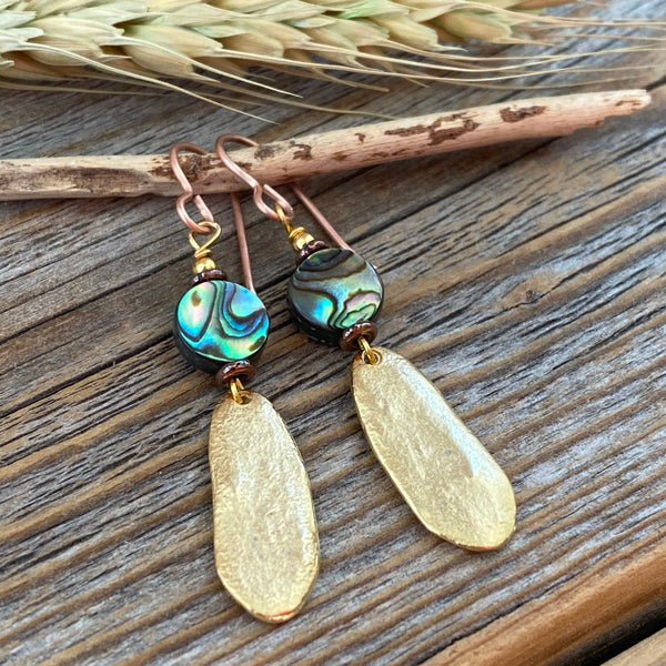 Abalone and Gold Dangle Earrings, Oval Earrings, Unique Abalone Jewelry, Shell Earrings, Beach Earrings, Summer Jewelry, Gifts for Her
