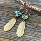 Abalone and Gold Dangle Earrings, Oval Earrings, Unique Abalone Jewelry, Shell Earrings, Beach Earrings, Summer Jewelry, Gifts for Her