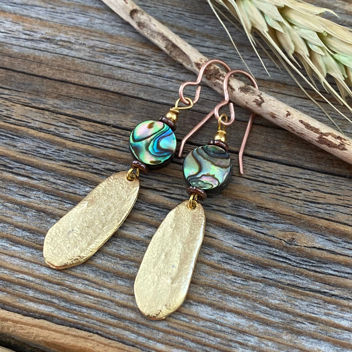 Abalone and Gold Dangle Earrings, Oval Earrings, Unique Abalone Jewelry, Shell Earrings, Beach Earrings, Summer Jewelry, Gifts for Her