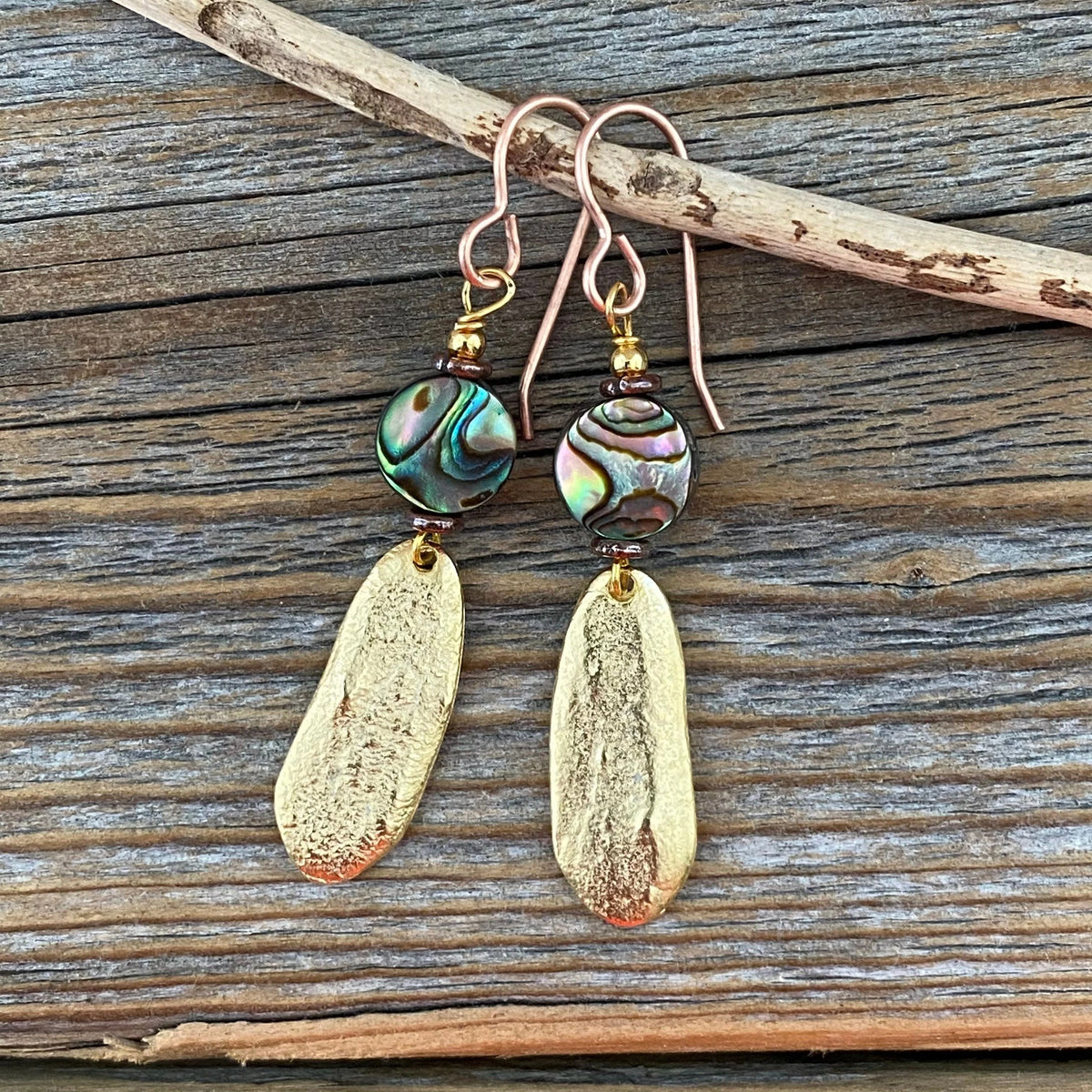 Abalone and Gold Dangle Earrings, Oval Earrings, Unique Abalone Jewelry, Shell Earrings, Beach Earrings, Summer Jewelry, Gifts for Her