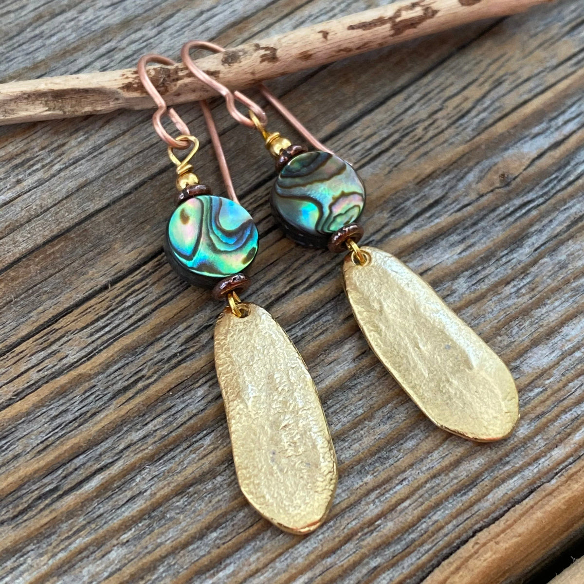 Abalone and Gold Dangle Earrings, Oval Earrings, Unique Abalone Jewelry, Shell Earrings, Beach Earrings, Summer Jewelry, Gifts for Her