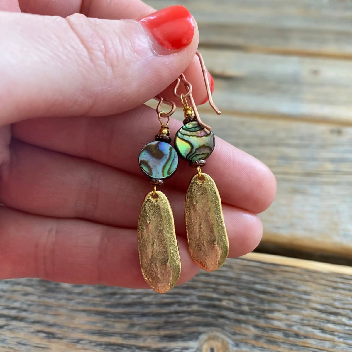 Abalone and Gold Dangle Earrings, Oval Earrings, Unique Abalone Jewelry, Shell Earrings, Beach Earrings, Summer Jewelry, Gifts for Her