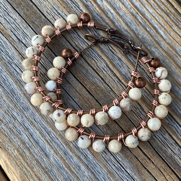 African Opal Beaded Hoop Earrings – Wire Wrapped Copper, 1.5 Inch