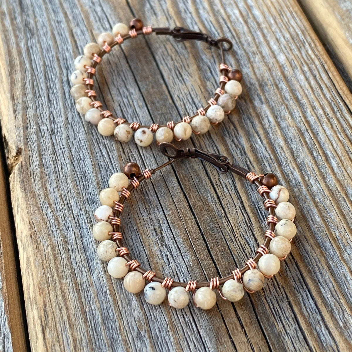 African Opal Beaded Hoop Earrings – Wire Wrapped Copper, 1.5 Inch