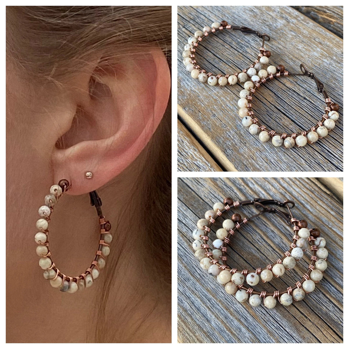 African Opal Beaded Hoop Earrings – Wire Wrapped Copper, 1.5 Inch