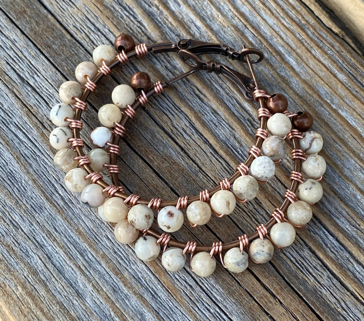 African Opal Beaded Hoop Earrings – Wire Wrapped Copper, 1.5 Inch