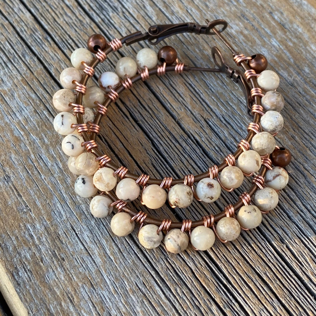 African Opal Beaded Hoop Earrings – Wire Wrapped Copper, 1.5 Inch