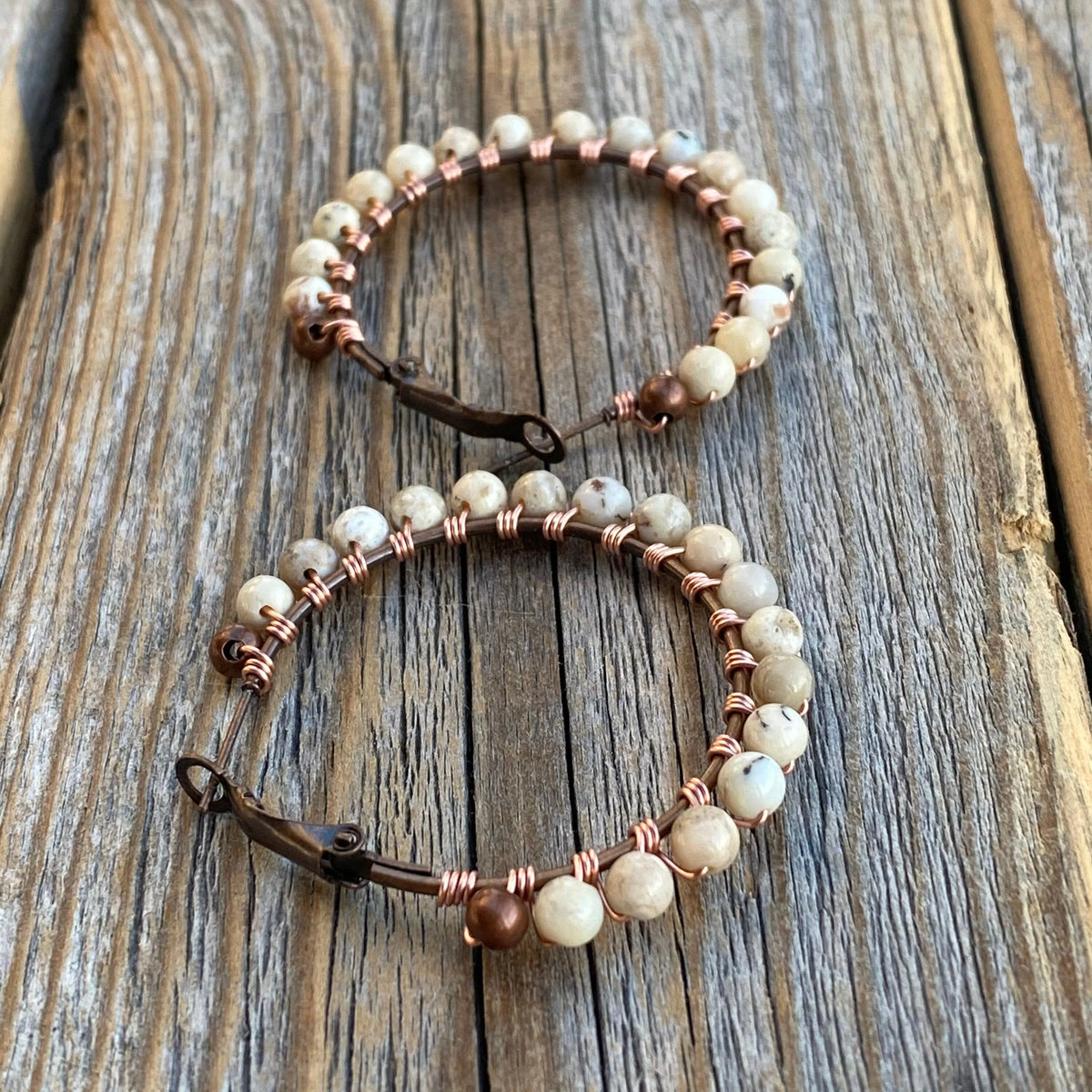 African Opal Beaded Hoop Earrings – Wire Wrapped Copper, 1.5 Inch