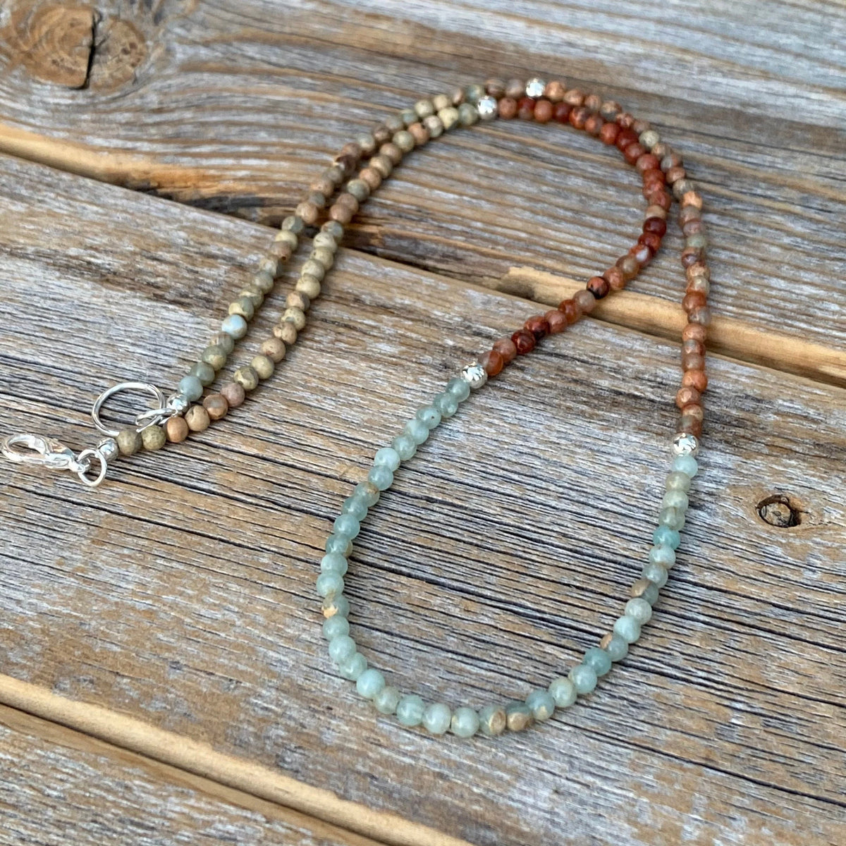 African Opal Beaded Necklace – Sterling Silver, Boho Minimalist Jewelry