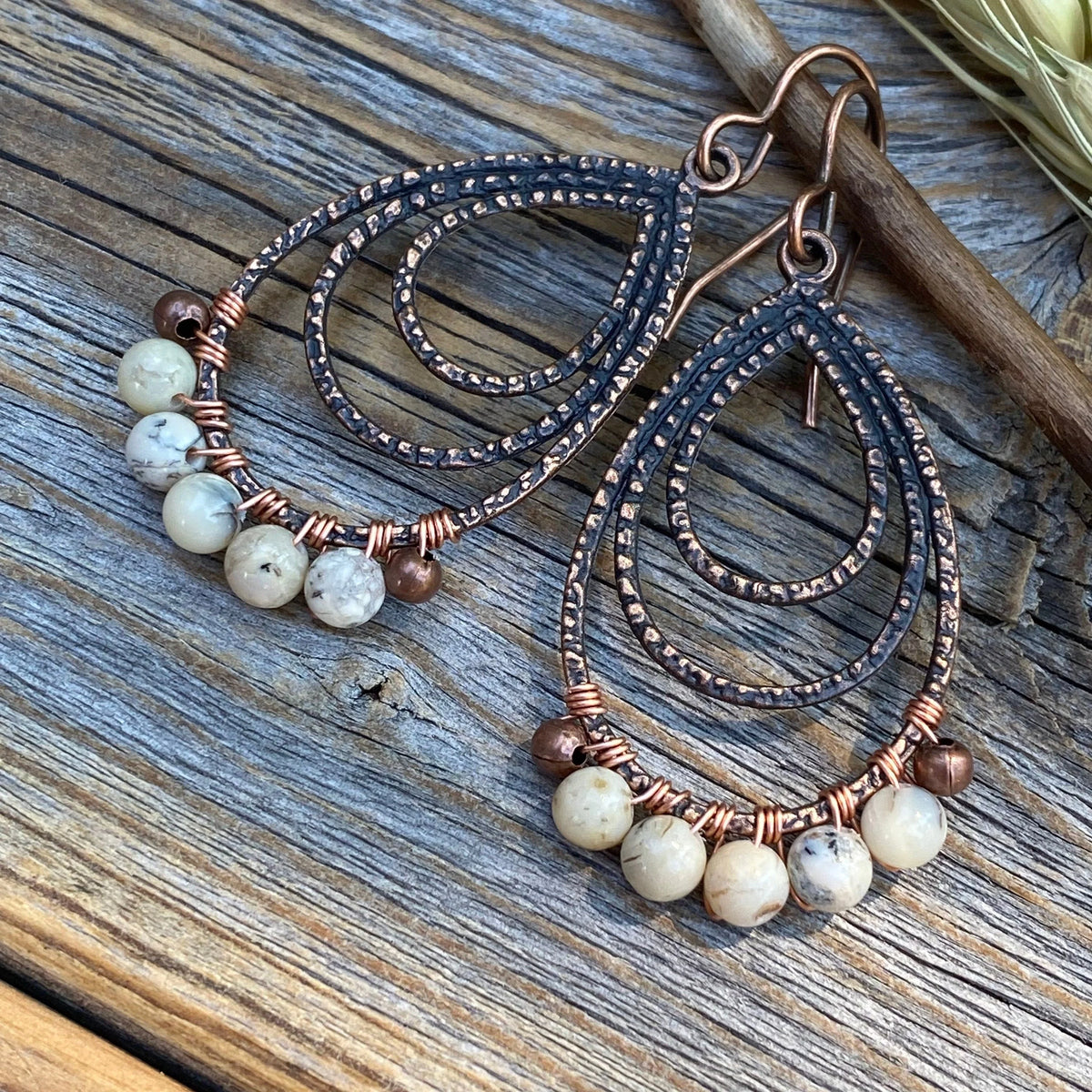 African Opal Copper Teardrop Earrings – Rustic Wire Wrapped Jewelry