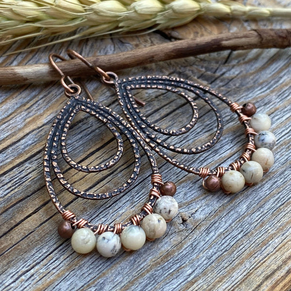 African Opal Copper Teardrop Earrings – Rustic Wire Wrapped Jewelry