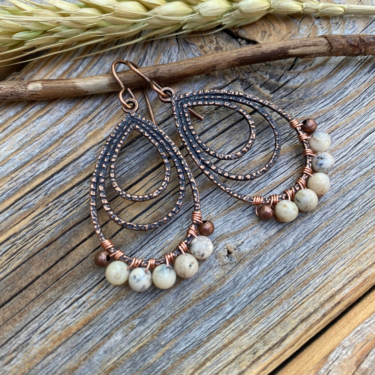 African Opal Copper Teardrop Earrings – Rustic Wire Wrapped Jewelry