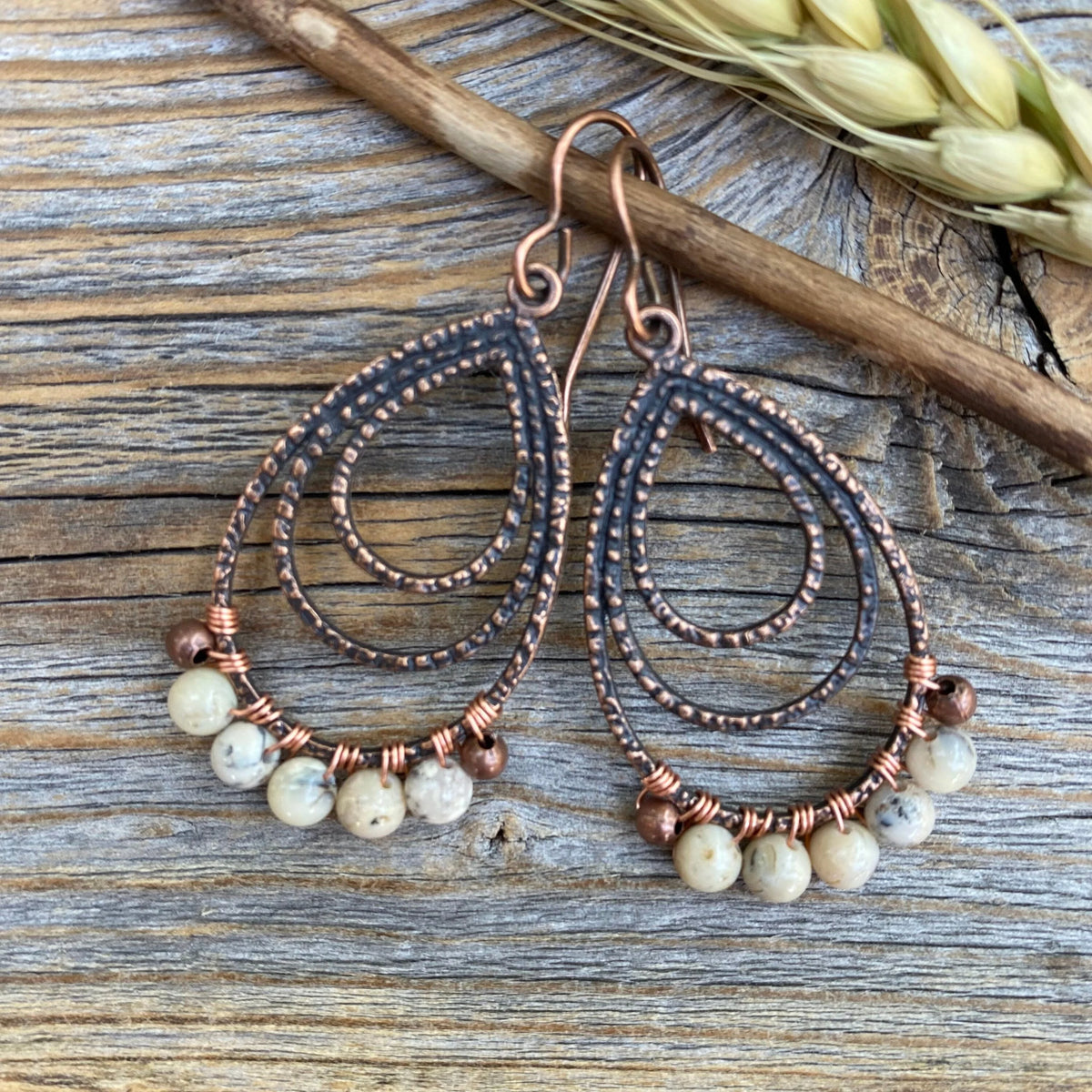 African Opal Copper Teardrop Earrings – Rustic Wire Wrapped Jewelry