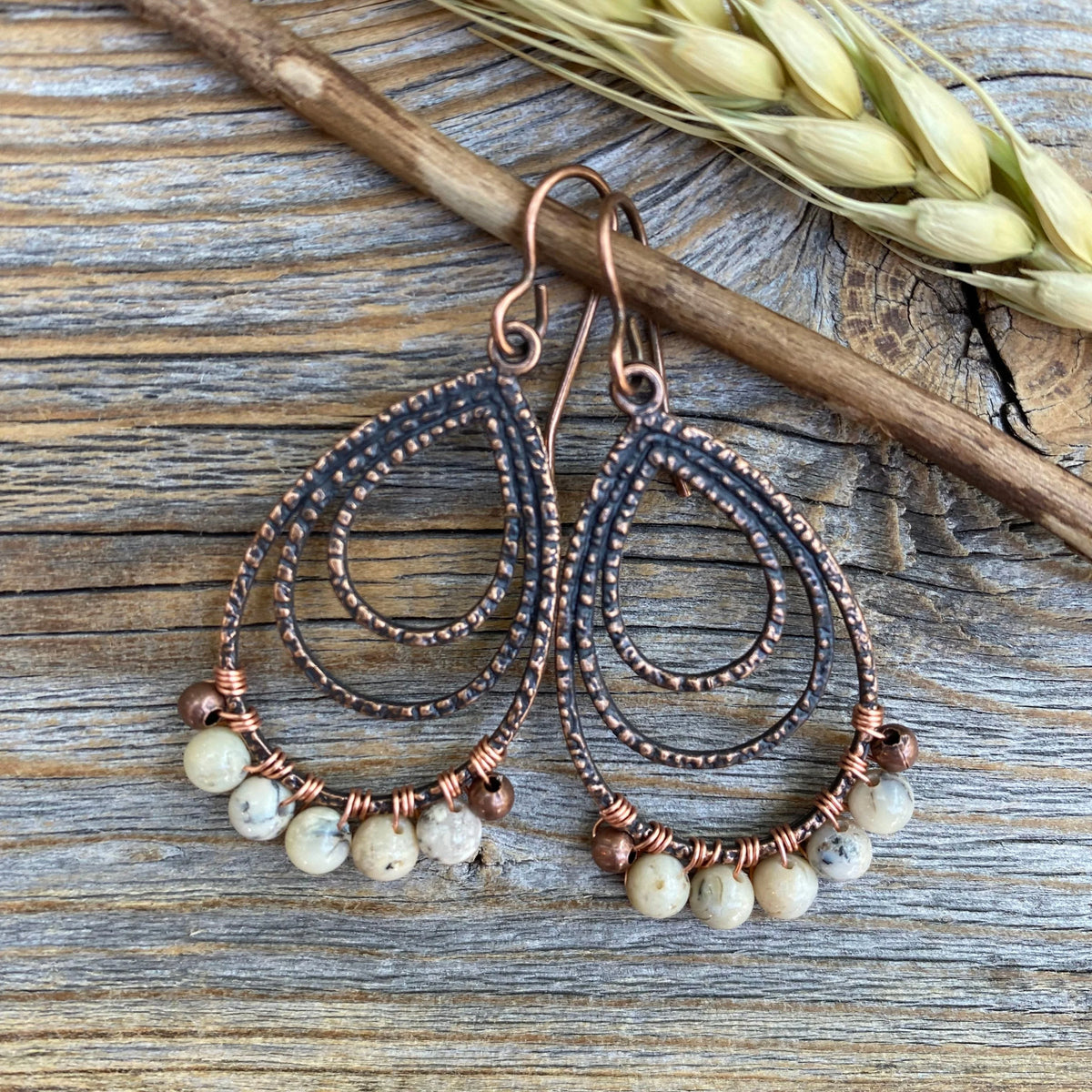 African Opal Copper Teardrop Earrings – Rustic Wire Wrapped Jewelry