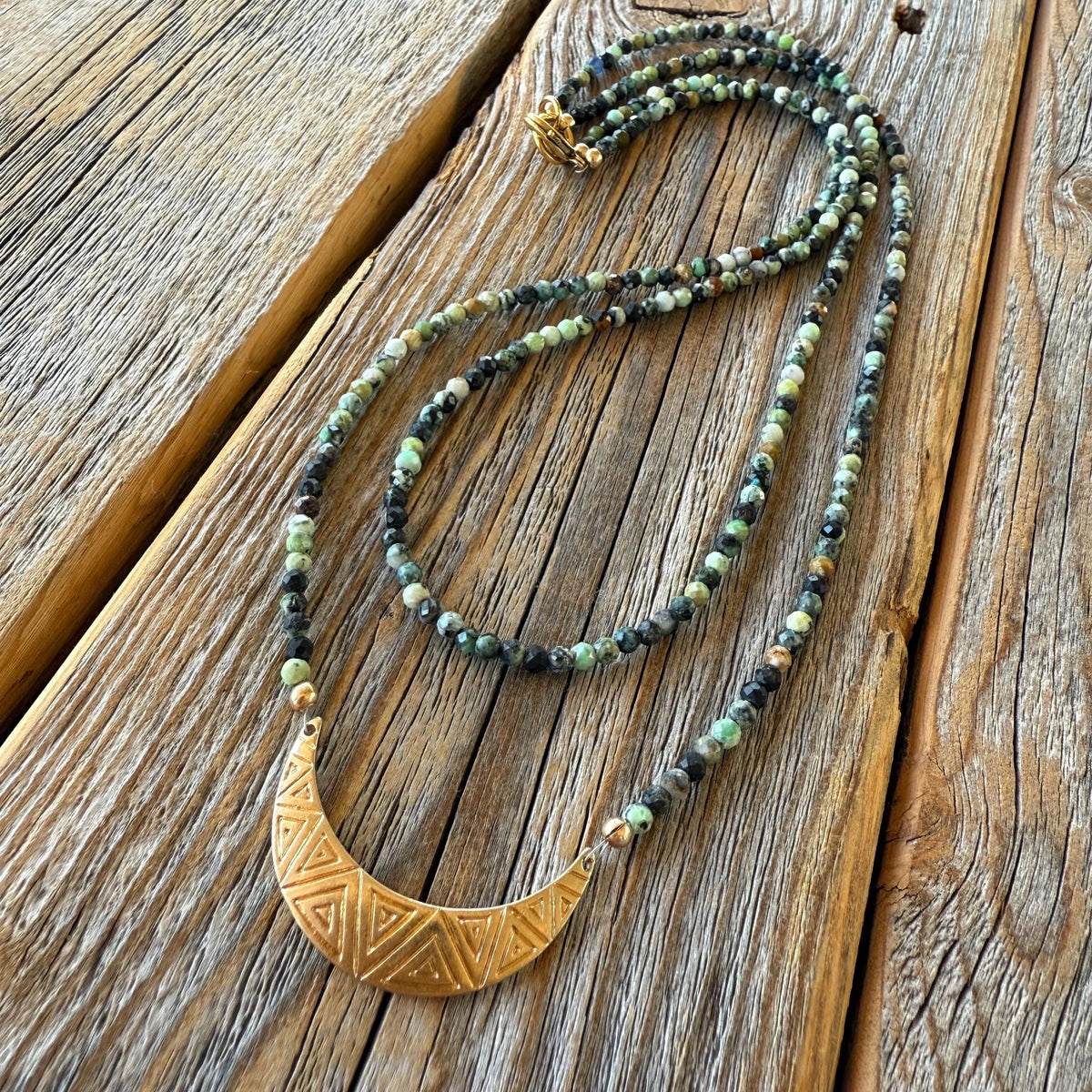 African Turquoise Beaded Choker, Dainty Crescent Moon Necklace, Handmade