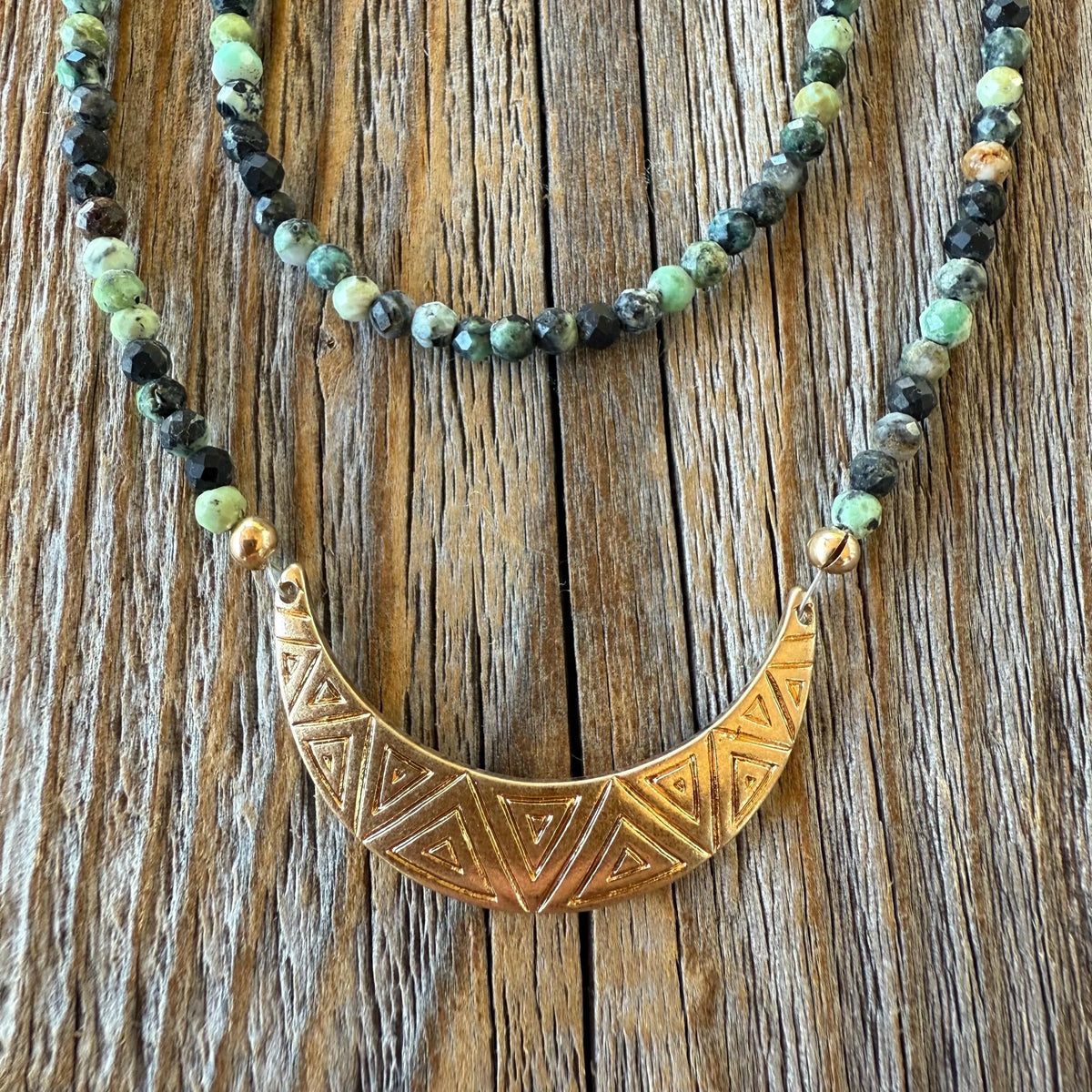 African Turquoise Beaded Choker, Dainty Crescent Moon Necklace, Handmade