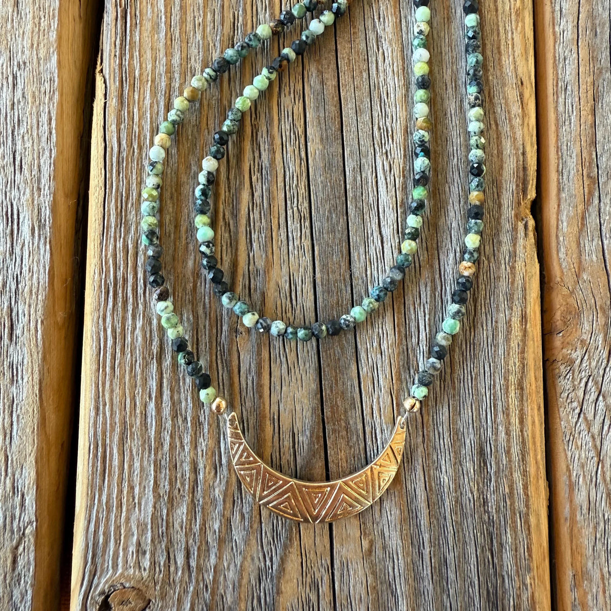 African Turquoise Beaded Choker, Dainty Crescent Moon Necklace, Handmade