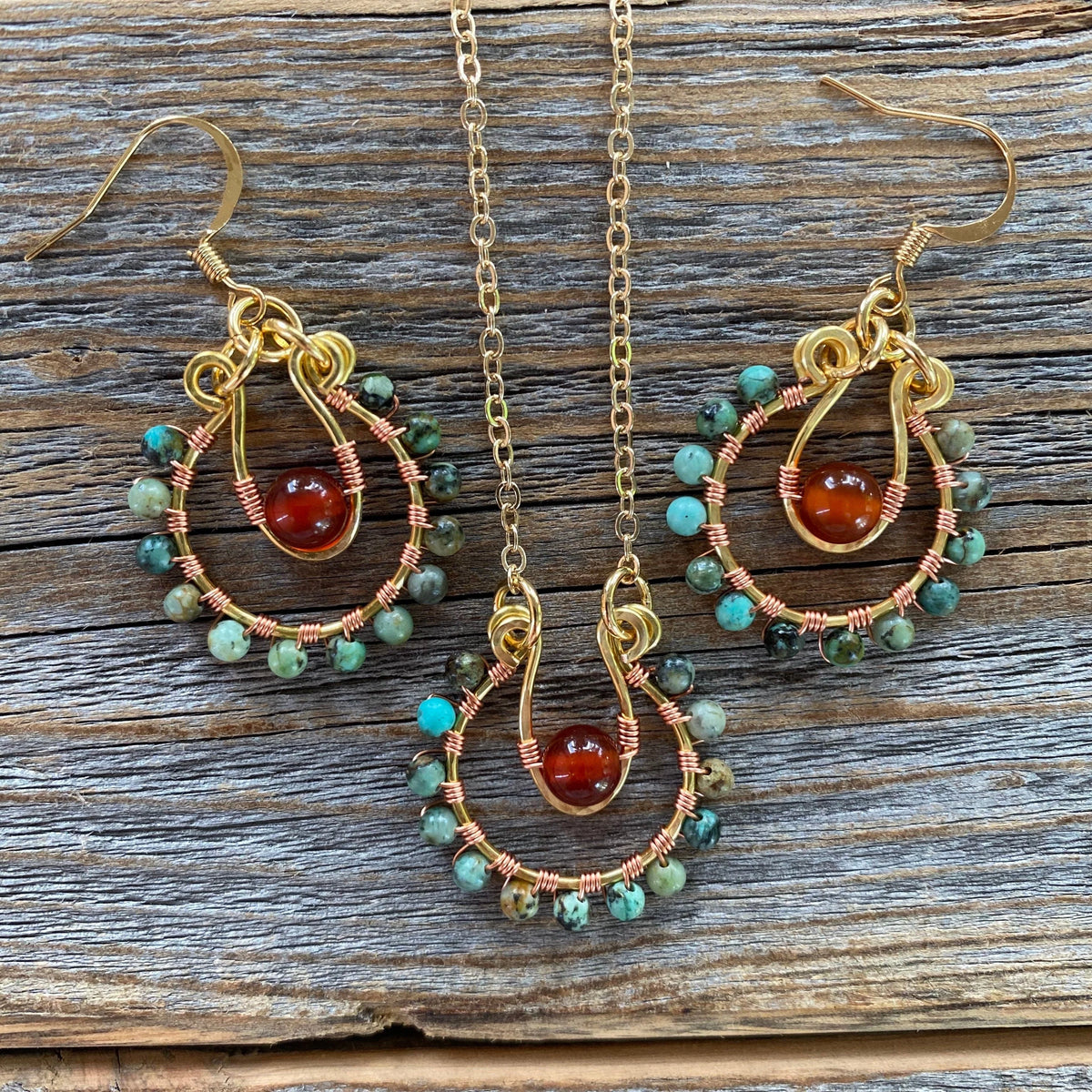 African Turquoise & Carnelian Jewelry Set | Gold-Filled Hoop Earrings + Pendant Necklace | Boho Gemstone Gift | Nickel-Free