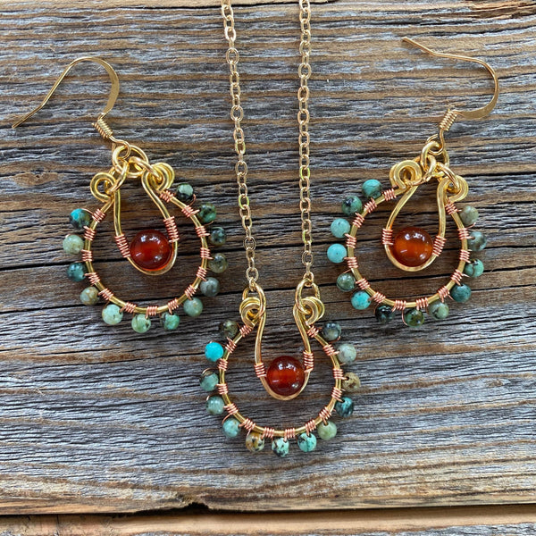 African Turquoise & Carnelian Jewelry Set | Gold-Filled Hoop Earrings + Pendant Necklace | Boho Gemstone Gift | Nickel-Free