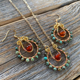 African Turquoise & Carnelian Jewelry Set | Gold-Filled Hoop Earrings + Pendant Necklace | Boho Gemstone Gift | Nickel-Free