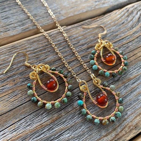 African Turquoise & Carnelian Jewelry Set | Gold-Filled Hoop Earrings + Pendant Necklace | Boho Gemstone Gift | Nickel-Free