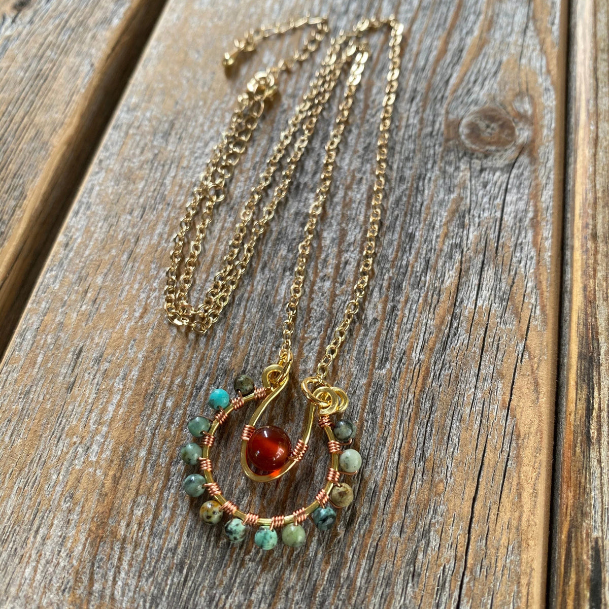African Turquoise & Carnelian Jewelry Set | Gold-Filled Hoop Earrings + Pendant Necklace | Boho Gemstone Gift | Nickel-Free
