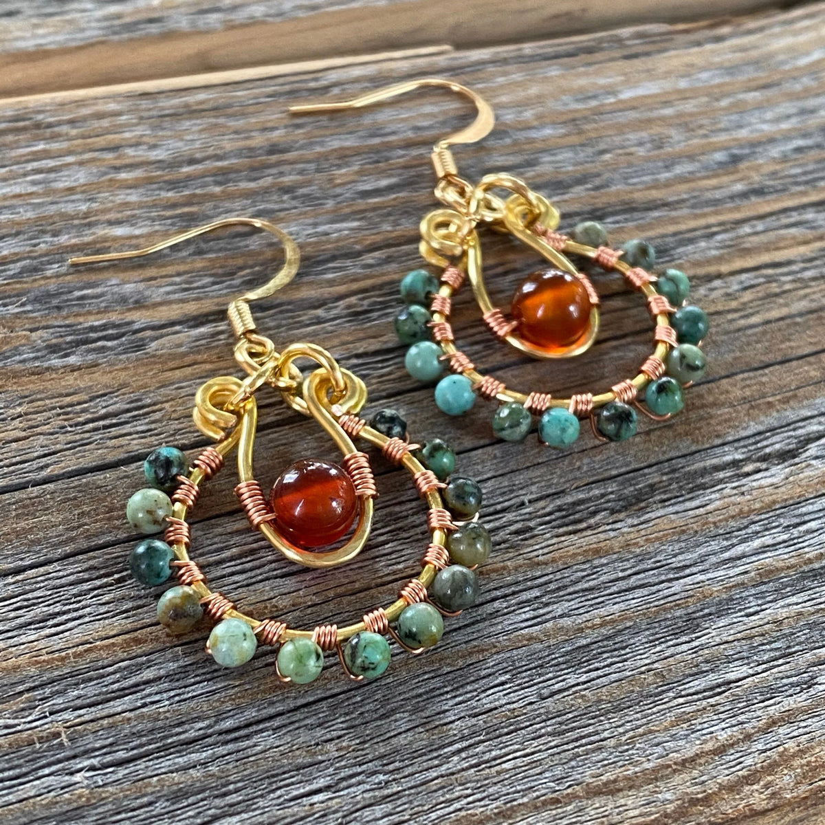 African Turquoise & Carnelian Jewelry Set | Gold-Filled Hoop Earrings + Pendant Necklace | Boho Gemstone Gift | Nickel-Free