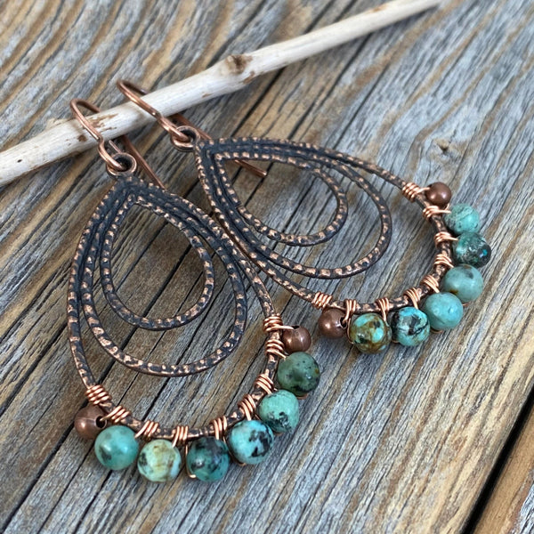 African Turquoise Copper Teardrop Earrings – Wire Wrapped Boho Jewelry