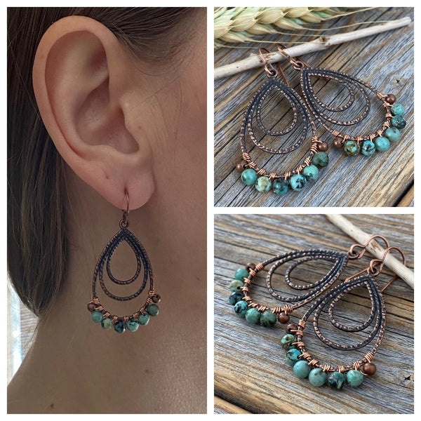 African Turquoise Copper Teardrop Earrings – Wire Wrapped Boho Jewelry