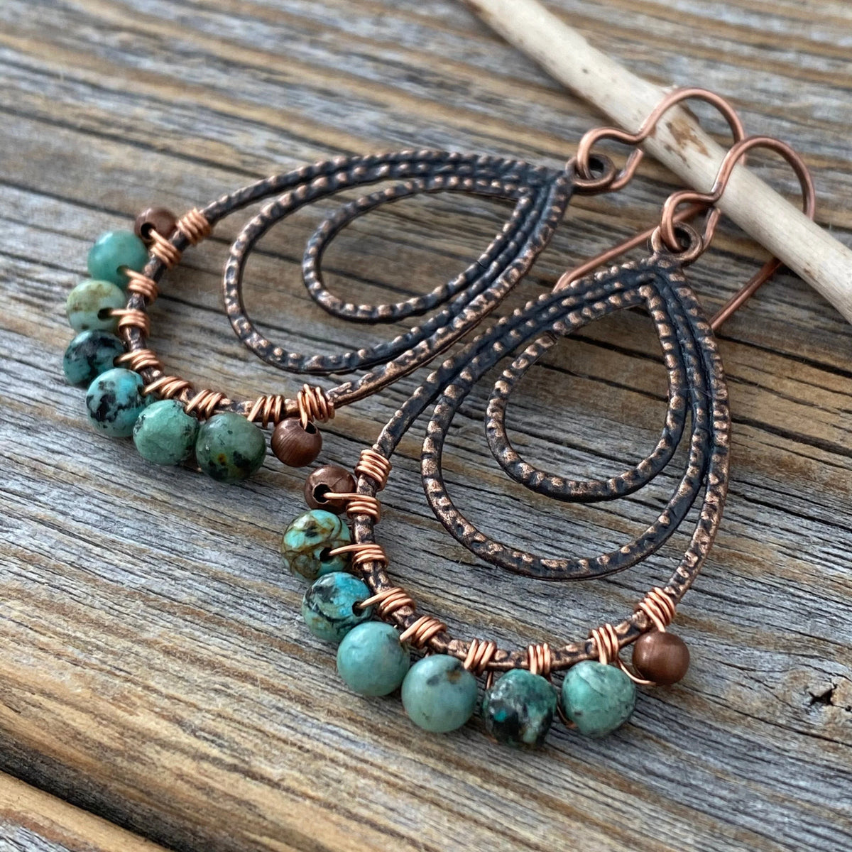African Turquoise Copper Teardrop Earrings – Wire Wrapped Boho Jewelry