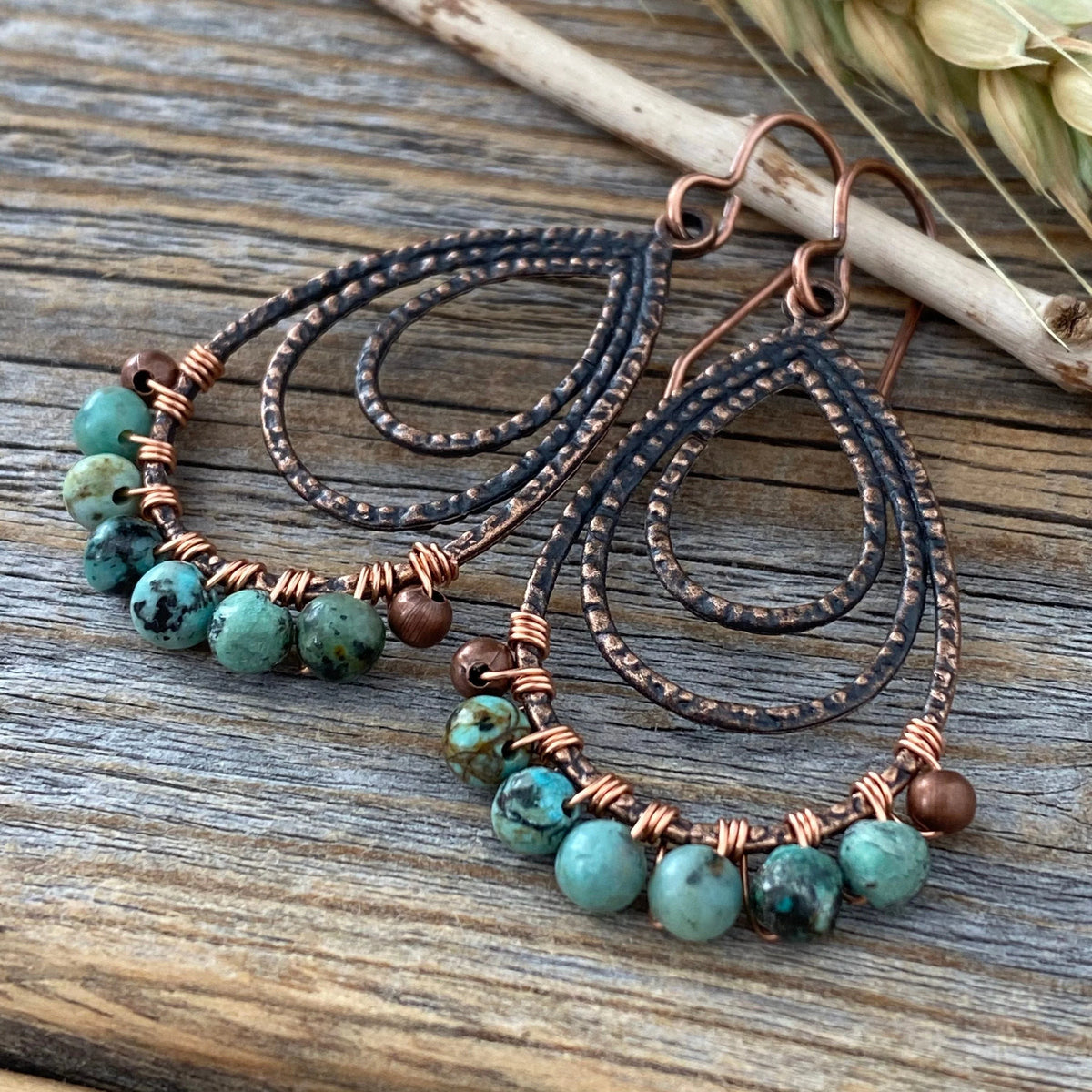African Turquoise Copper Teardrop Earrings – Wire Wrapped Boho Jewelry