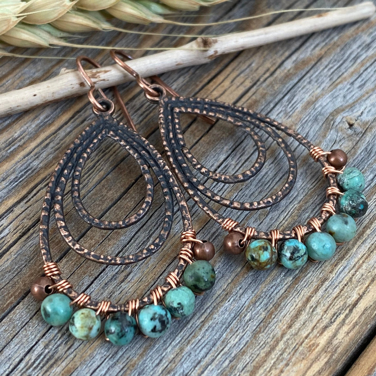 African Turquoise Copper Teardrop Earrings – Wire Wrapped Boho Jewelry