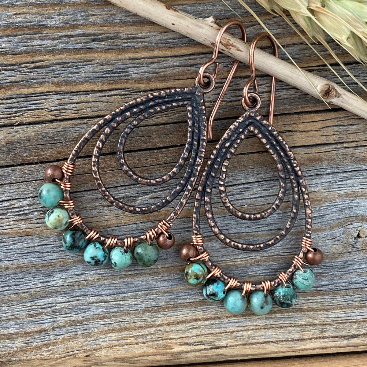 African Turquoise Copper Teardrop Earrings – Wire Wrapped Boho Jewelry