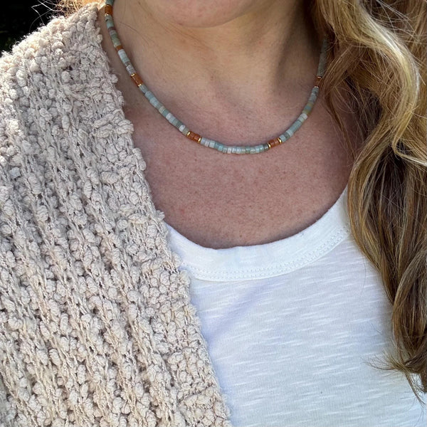 Amazonite & Red Aventurine Beaded Necklace, Southwestern Style